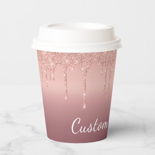Custom Text Rose Gold Blush Glitter Paper Cups (Front)