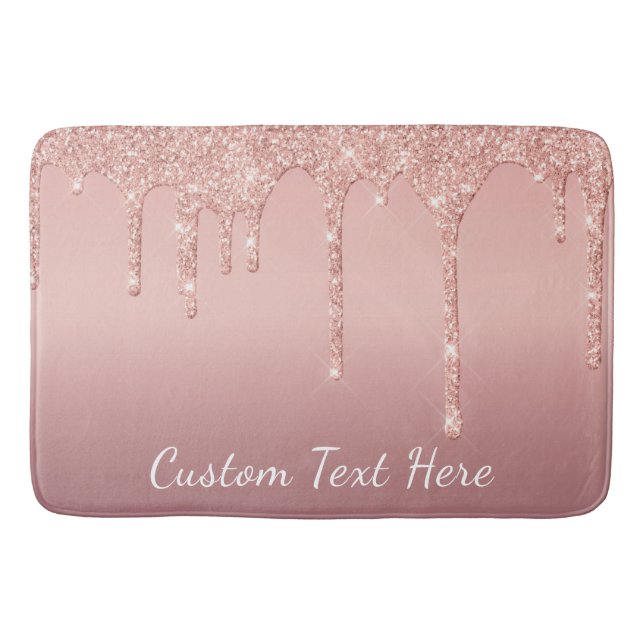Custom Text Rose Gold Blush Glitter Sparkle Drips Bath Mat (Front)