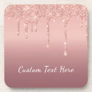 Custom Text Rose Gold Blush Glitter Sparkle Drips  Coaster