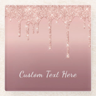 Custom Text Rose Gold Blush Glitter Sparkle Drips  Glass Coaster