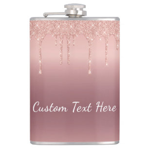 Custom Text Rose Gold Blush Glitter Sparkle Drips Hip Flask