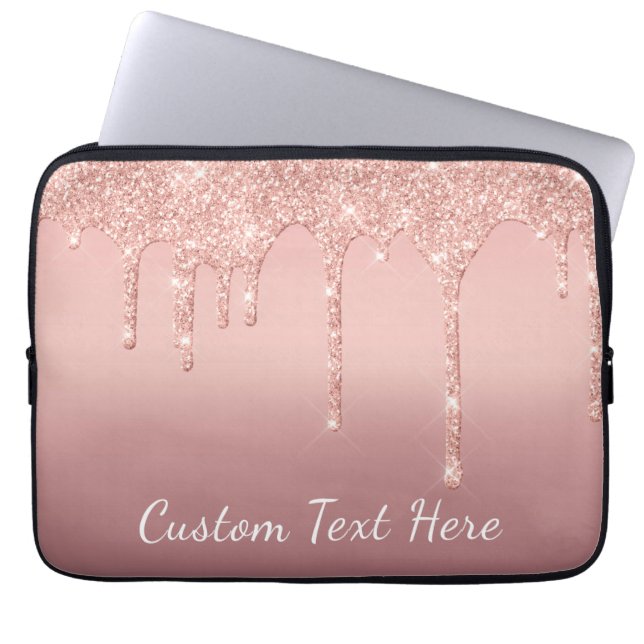 Custom Text Rose Gold Blush Glitter Sparkle Drips  Laptop Sleeve (Front)
