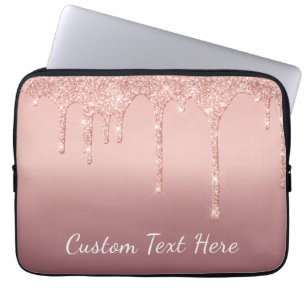 Custom Text Rose Gold Blush Glitter Sparkle Drips  Laptop Sleeve