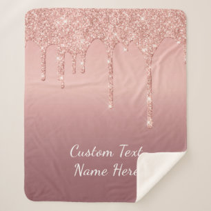 Custom Text Rose Gold Blush Glitter Sparkle Drips  Sherpa Blanket
