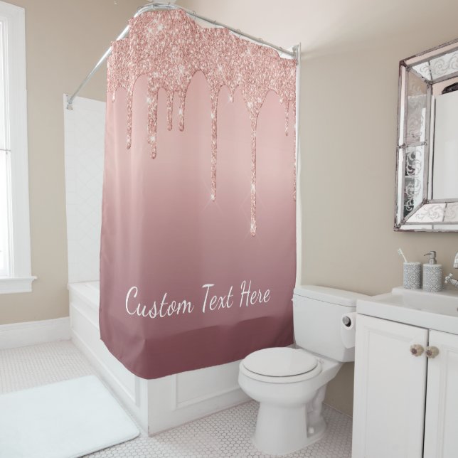 Custom Text Rose Gold Blush Glitter Sparkle Drips  Shower Curtain (In Situ)
