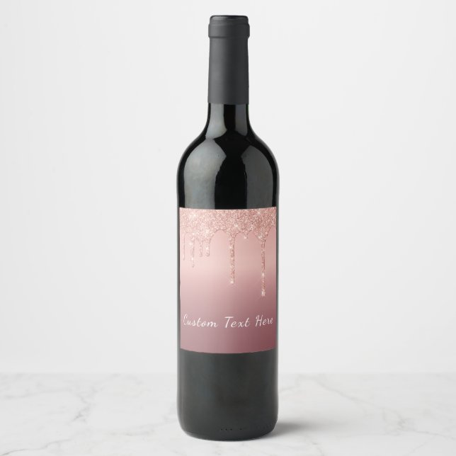Custom Text Rose Gold Blush Glitter Wine Label (Front)