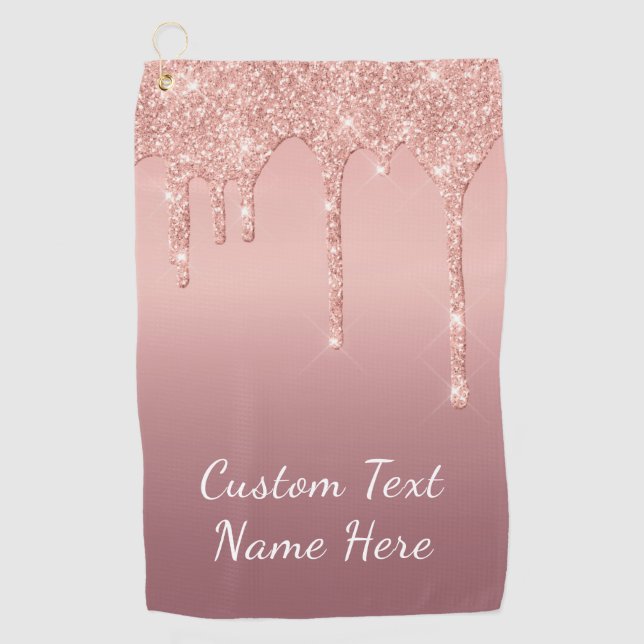 Custom Text Rose Gold Glitter Golf Towel (Front)