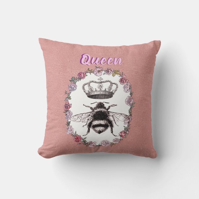 Custom Text/ Rose Gold Wreath Watercolor Crown Bee Cushion (Front)