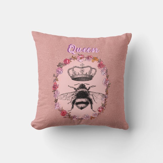 Custom Text/ Rose Gold Wreath Watercolor Crown Bee Cushion (Front)