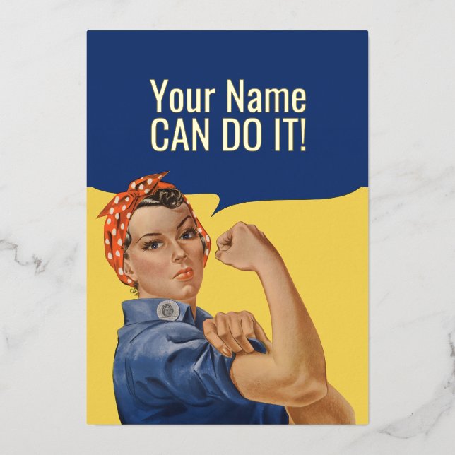 Custom text Rosie The Riveter Foil Holiday Card (Front)