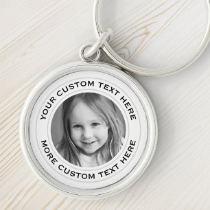 Custom text round photo white border keychain