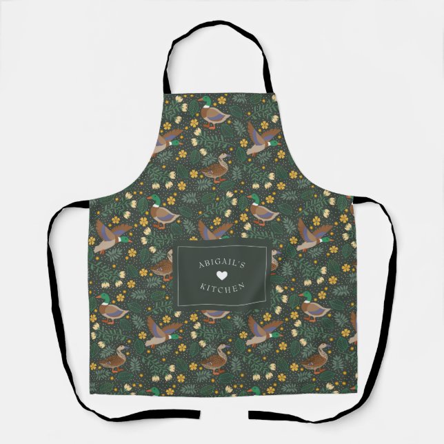 Custom Text Rustic Folk Art Duck Floral Kitchen Apron (Front)
