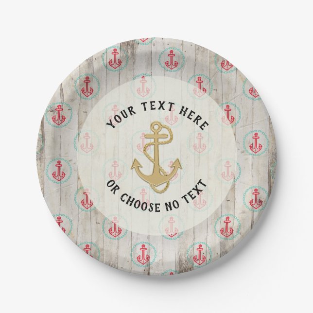 Custom Text/ Rustic Nautical Anchor Tropical Beach Paper Plate (Front)