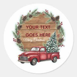 Custom Text Rustic Red Truck Christmas Wreath Classic Round Sticker