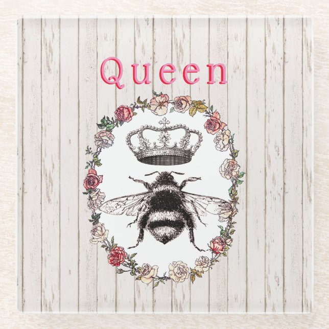 Custom Text/ Rustic Wood Country Wreath Crown Bee Glass Coaster (Front)