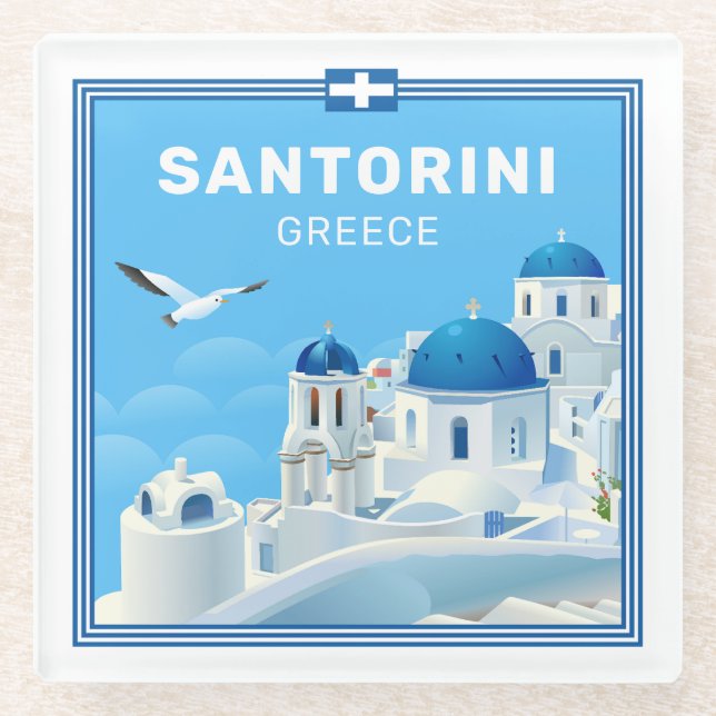 Custom Text Santorini Greece Glass Coaster (Front)