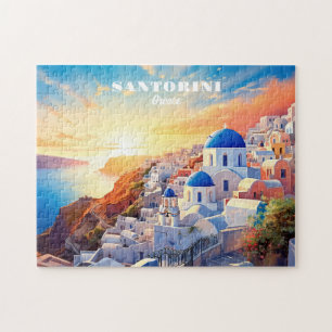 Custom Text Santorini Greece Sunset Jigsaw Puzzle