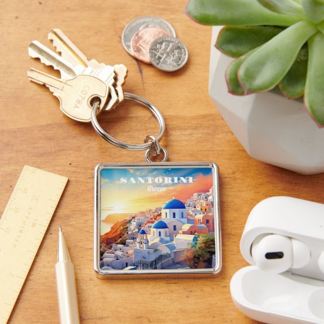 Custom Text Santorini Greece Sunset Key Ring (Desk)