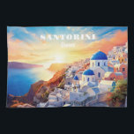 Custom Text Santorini Greece Sunset Tea Towel<br><div class="desc">Change the text fields if you wish. Further using the editing tool,  you can change each font and its size and colour if you wish. See my store for more Greece items.</div>