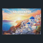 Custom Text Santorini Greece Sunset Tea Towel<br><div class="desc">Change the text fields if you wish. Further using the editing tool,  you can change each font and its size and colour if you wish. See my store for more Greece items.</div>