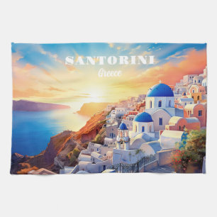 Custom Text Santorini Greece Sunset Tea Towel