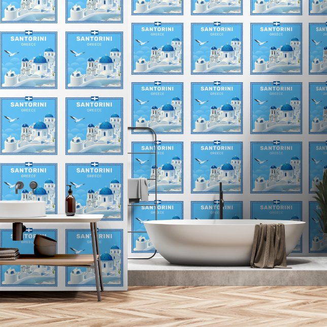 Custom Text Santorini Greece Wallpaper (Bathroom)