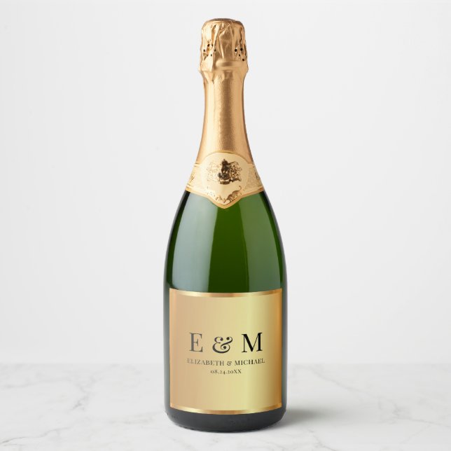 Custom Text Save the Date Glamour Gold Initial Sparkling Wine Label (Front)