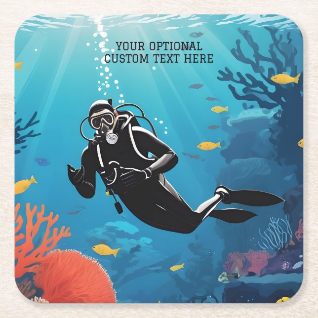 Custom Text Scuba Diver Square Paper Coaster (Front)