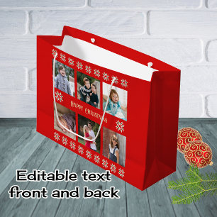 Custom text six photos winter flowers red large gift bag