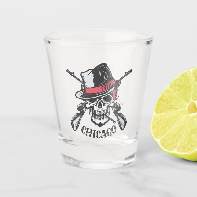Custom text Skull & Guns shot glass (Front)