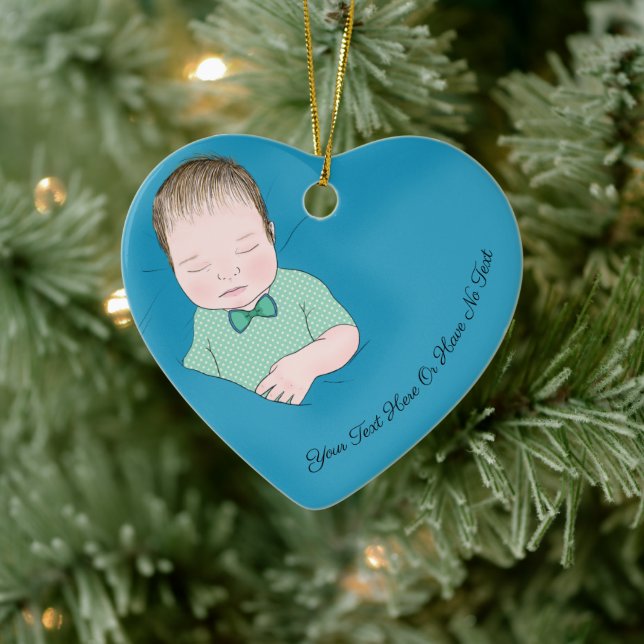 Custom Text | Sleeping Baby Boy Love Blue Heart Ceramic Ornament (Tree)