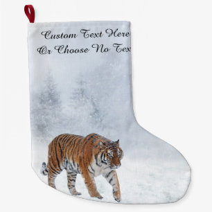 Custom Text   Snow Tiger Snowy Forest Trees Large Christmas Stocking