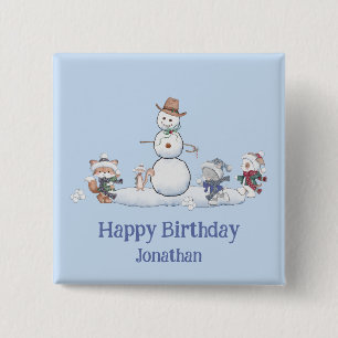 Custom Text Snowball Fight Happy Birthday Personal 15 Cm Square Badge