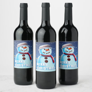 Custom Text Snowman Art 1 Merry Christmas Painting Wine Label