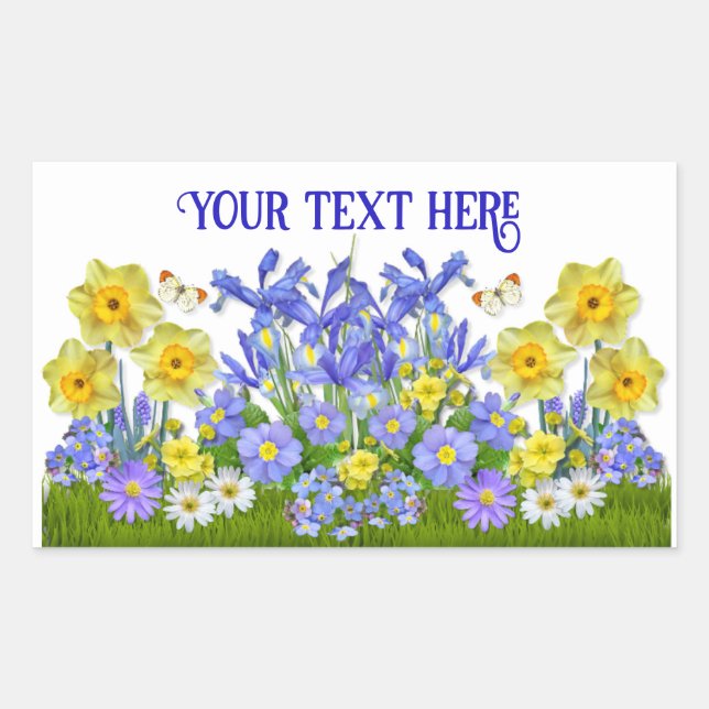 Custom Text Spring Flowers and Butterflies  Rectangular Sticker (Front)