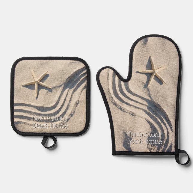 Custom text Starfish Beach House Oven Mitt & Pot Holder Set (Front)