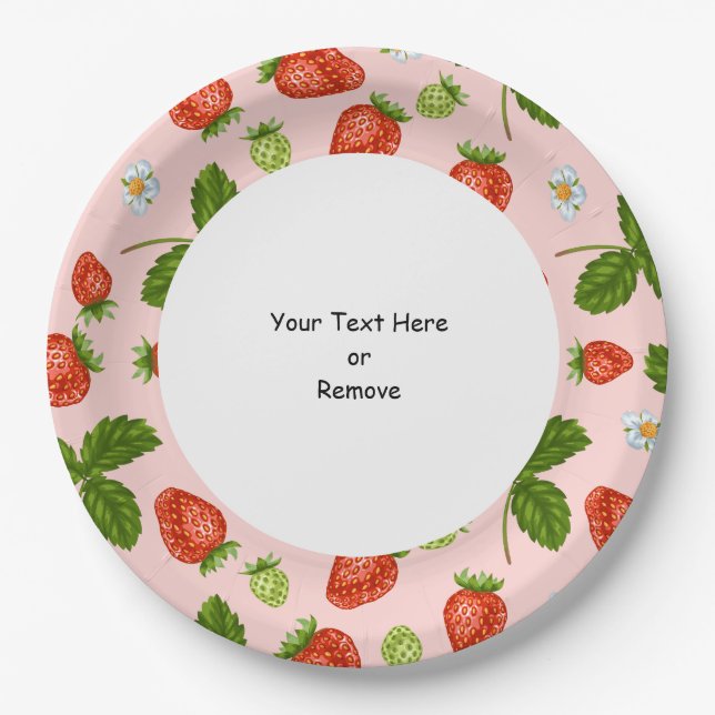 Custom Text Strawberry Pattern Pink Background Paper Plate (Front)