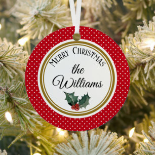 Custom Text, Stylish Gold Red & White Polka Dots Metal Tree Decoration