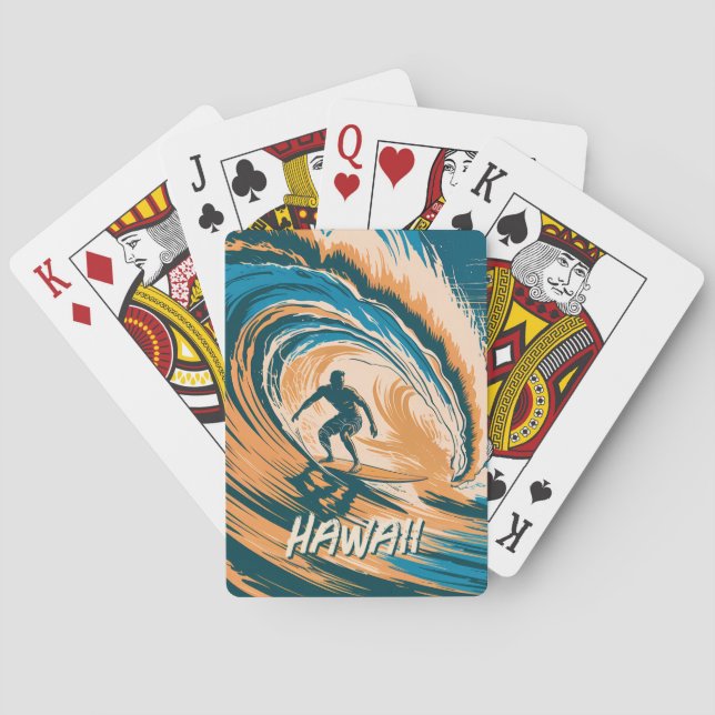 Custom Text Surfer Surfing Waves Minimal Retro Art Playing Cards (Back)