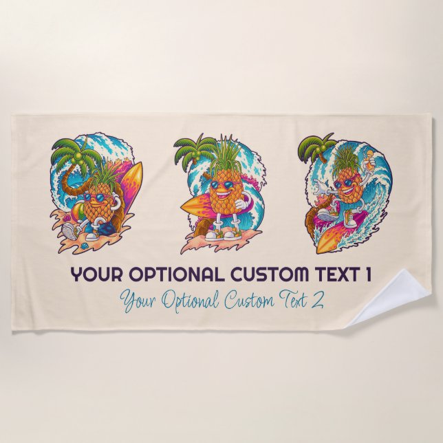Custom Text Surfing Pineapple Beach Towel (Front)