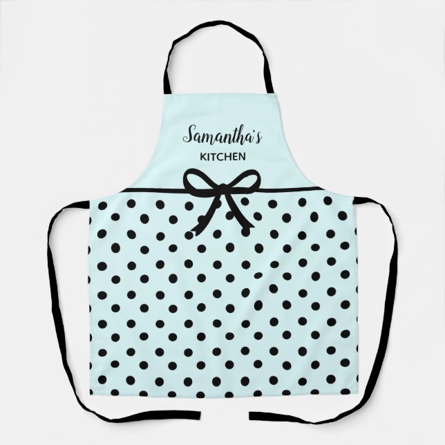 Custom Text Teal Black Polka Dots Cute Kitchen Apron (Front)