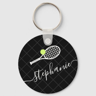 Custom Text Tennis Ball Racket Monogrammed Key Ring