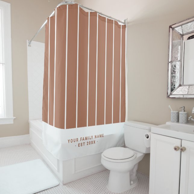 Custom Text Terracotta Modern Elegant Stripes Shower Curtain (In Situ)