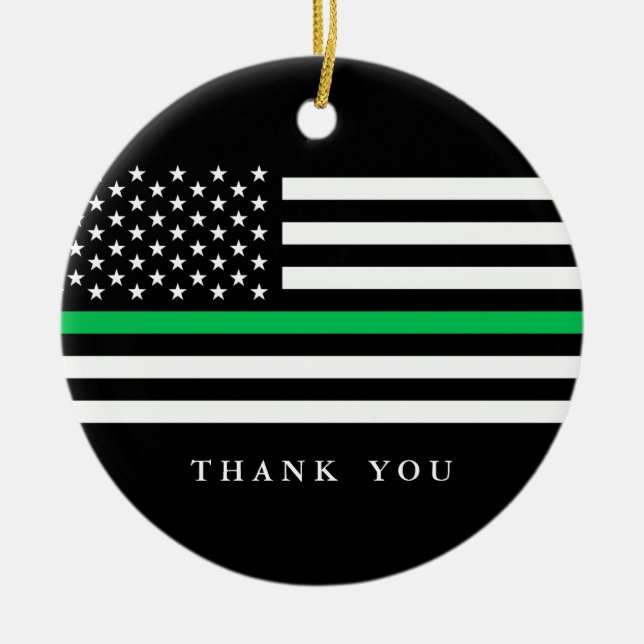 Custom Text Thin Green Line Patriotic Flag Ceramic Ornament (Front)