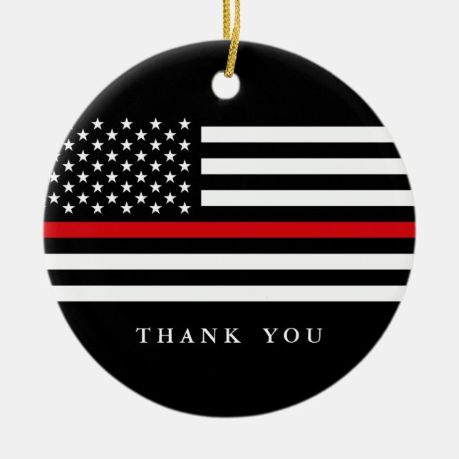 Custom Text Thin Red Line Patriotic Flag Ceramic Ornament (Front)