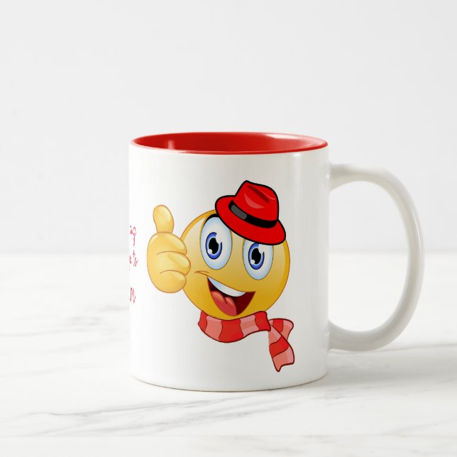 Custom Text Thumbs up Emoji with Hat and Scarf Two-Tone Coffee Mug (Right)