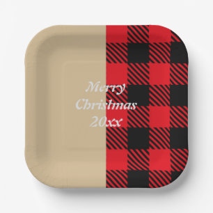 Custom text trendy tartan pattern red brown black paper plate