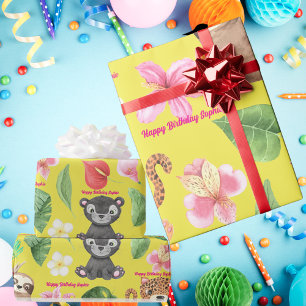 Custom Text Tropical Baby Animals Kids Birthday Wrapping Paper