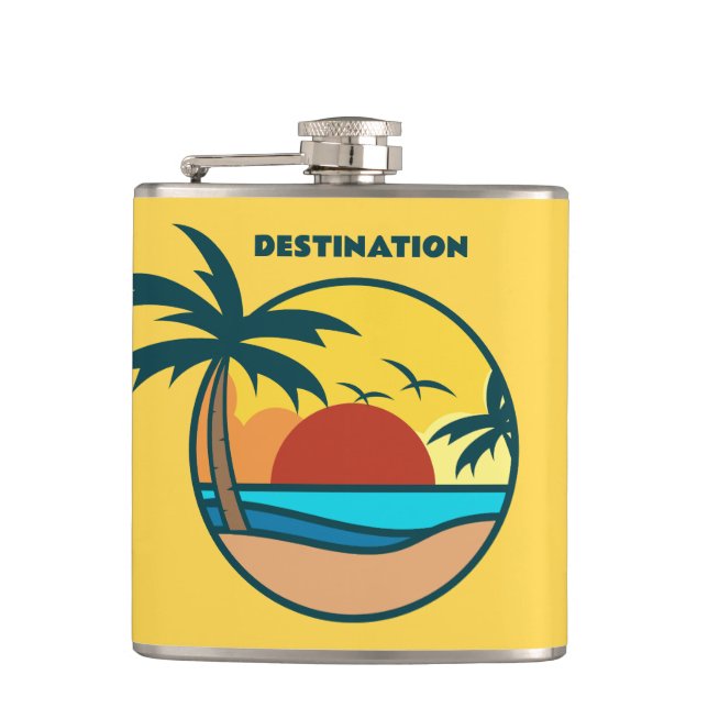 Custom Text Tropical Beach Sunset Hip Flask (Front)