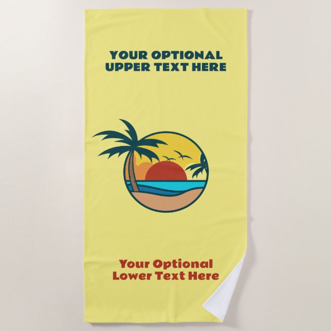 Custom Text Tropical Island Sunset Beach Towel (Front)